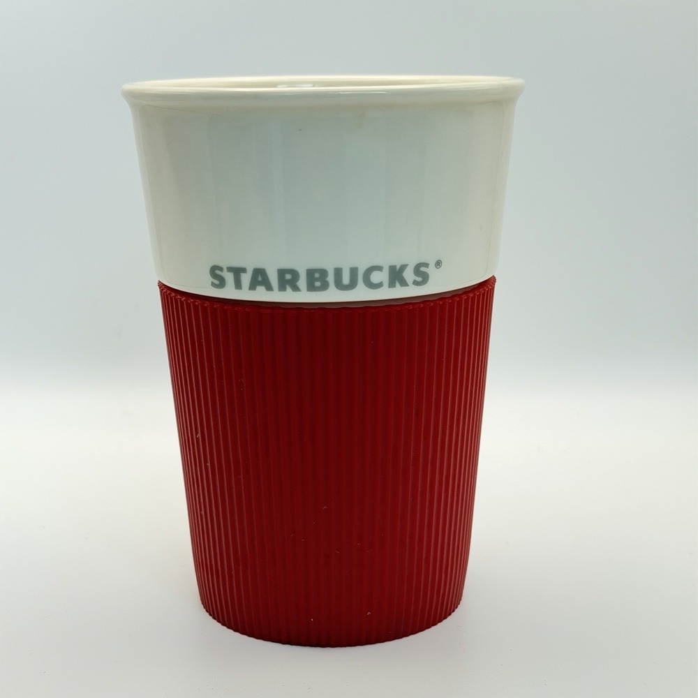 Starbucks Ceramic Travel Mug Go Cup 2011 Red Rubber Holder‎ No Lid 8 Oz
